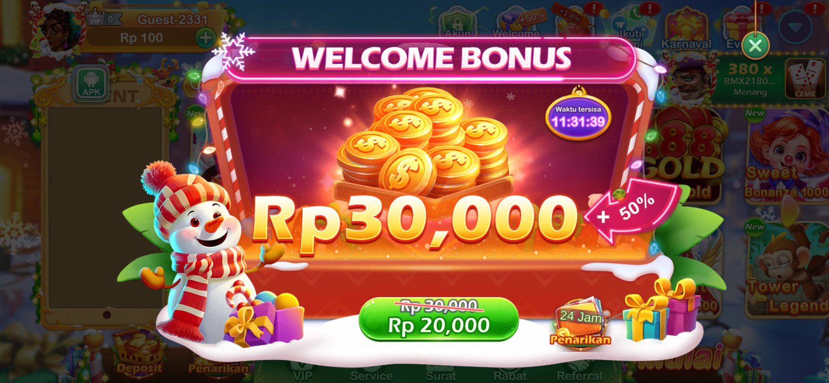 Bonus pengguna baru Rp30,000 dengan tambahan +50% di she777